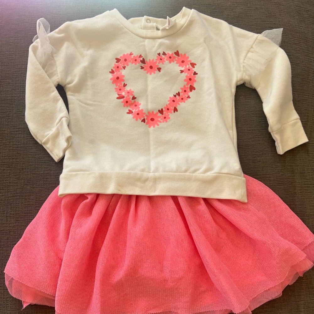 Floral Heart Sweater with Pink Tulle Skirt
